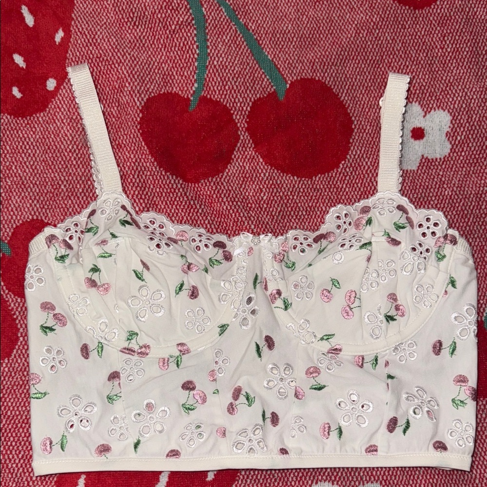 For Love & Lemons Cherry Embroidered White Crop Top